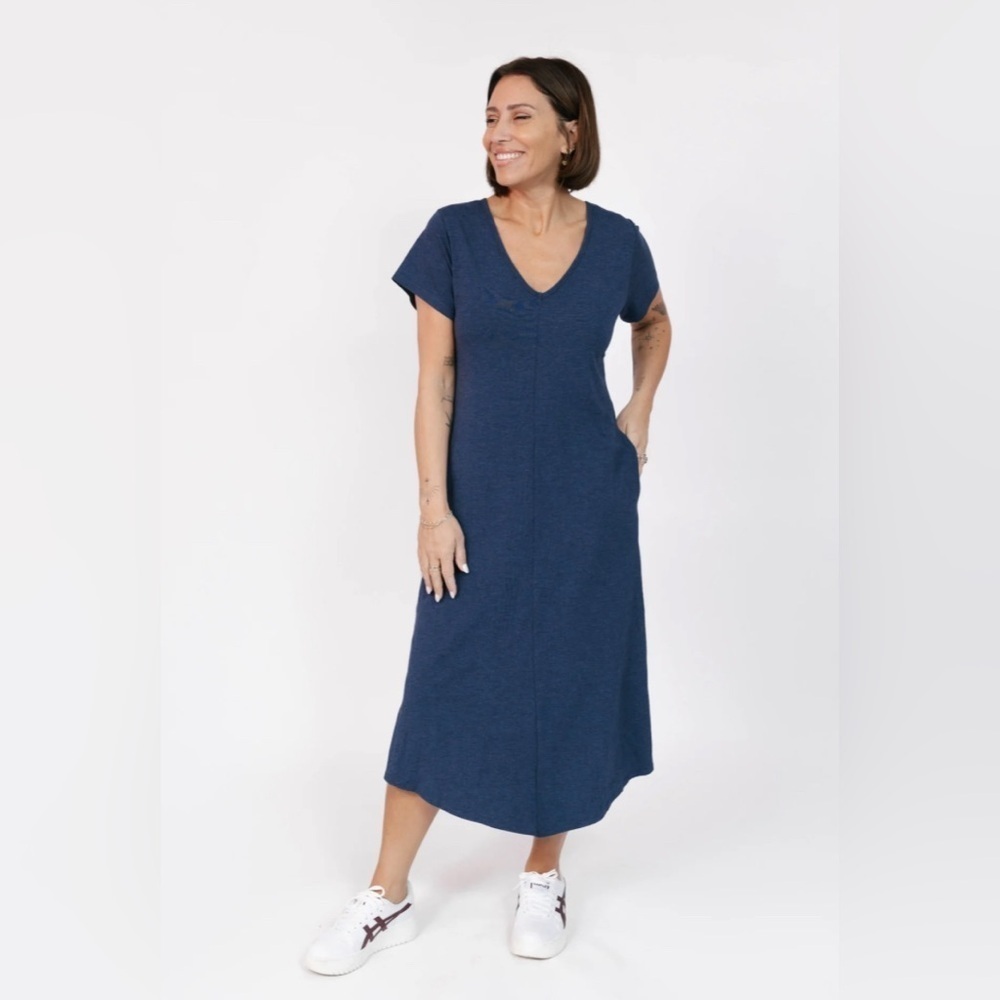SMASH + TESS Sz L Sunday V-Neck Midi Dress Soft Jersey Knit Seam Pockets Slit